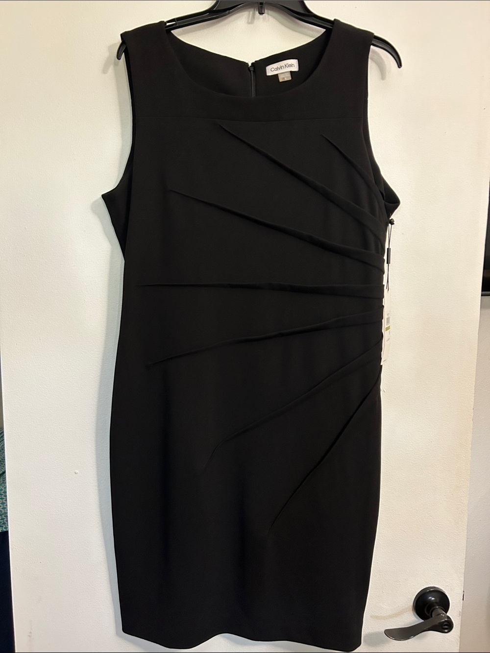 Calvin Klein Black Sleeveless Sheath Dress with Diagonal Pleat Accents